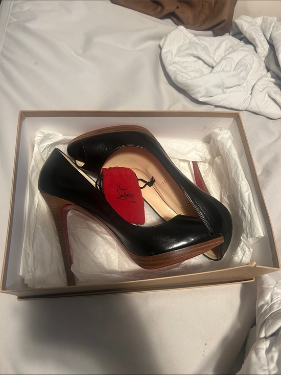 Christian Louboutin Shoes - Christian Louboutin Black Patent Peep-Toe Platform Pumps with Red Sole